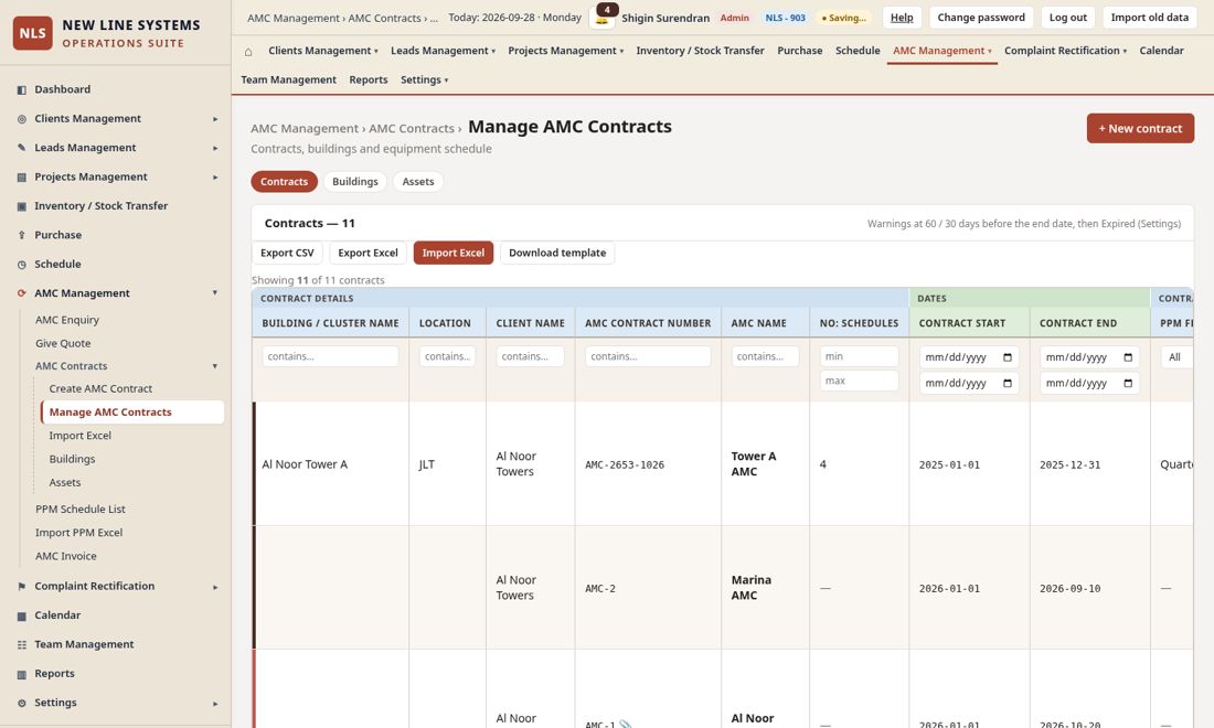 Manage AMC Contracts: Action menu, essential columns, top-right Filter, location under Building.