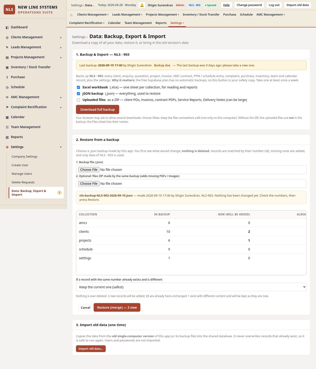 Settings > Data: Backup, Export & Import: backup, restore and import old data on one page.