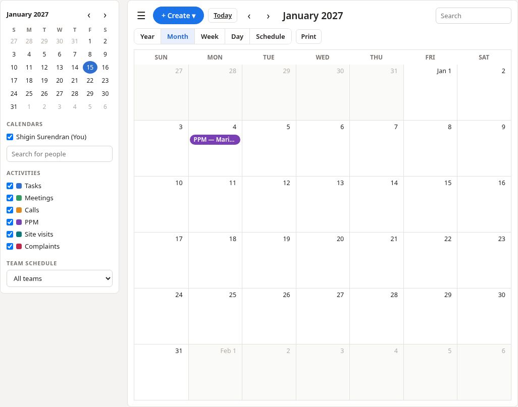 A quarterly PPM visit appears on one date only (here Monday 4 January, moved from the New Year holiday).
