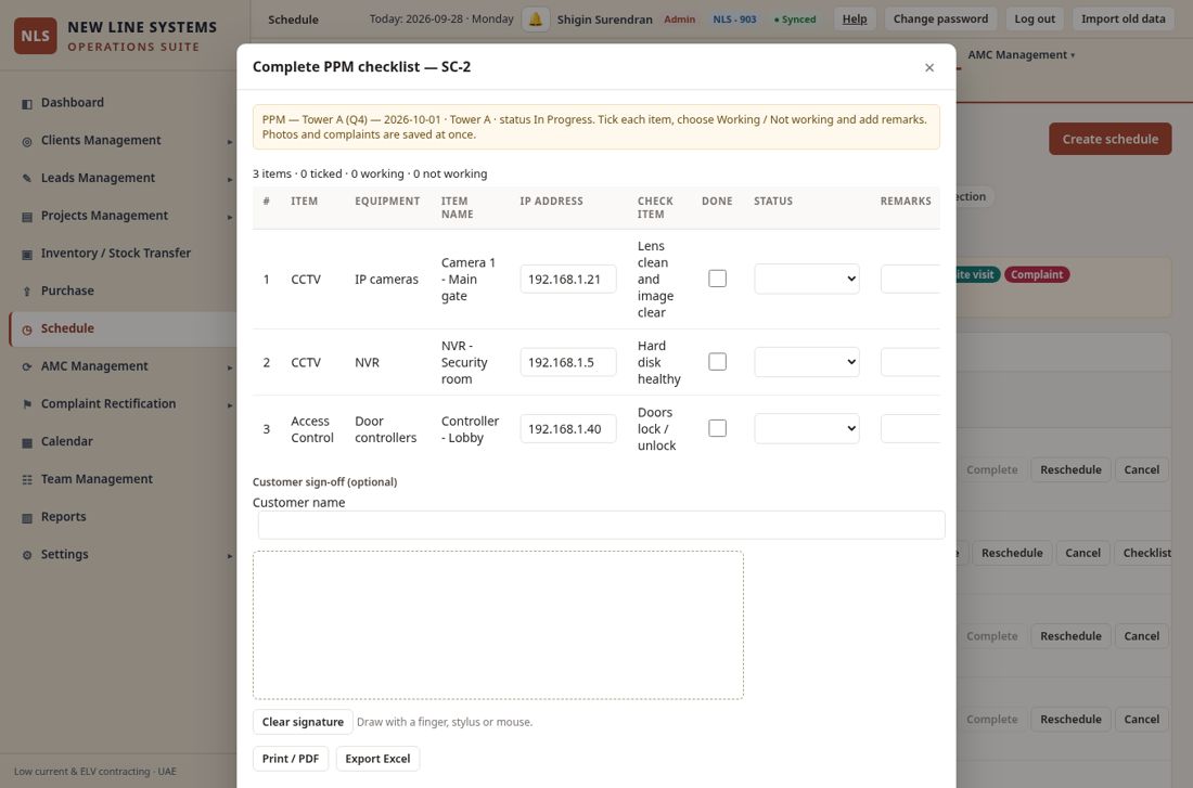 Completing a visit: checklist, signed service report and Completed on.