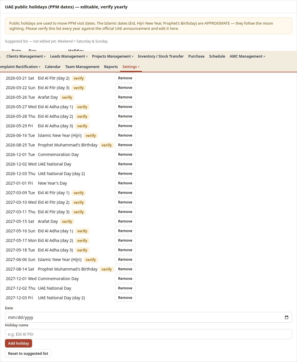 Settings > UAE public holidays: pre-filled, editable by the Admin.