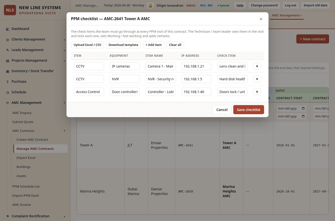 AMC Contracts > Checklist: Item, Equipment, Item name, IP Address, Check item. Upload an Excel / CSV list, add items by hand, download the template.