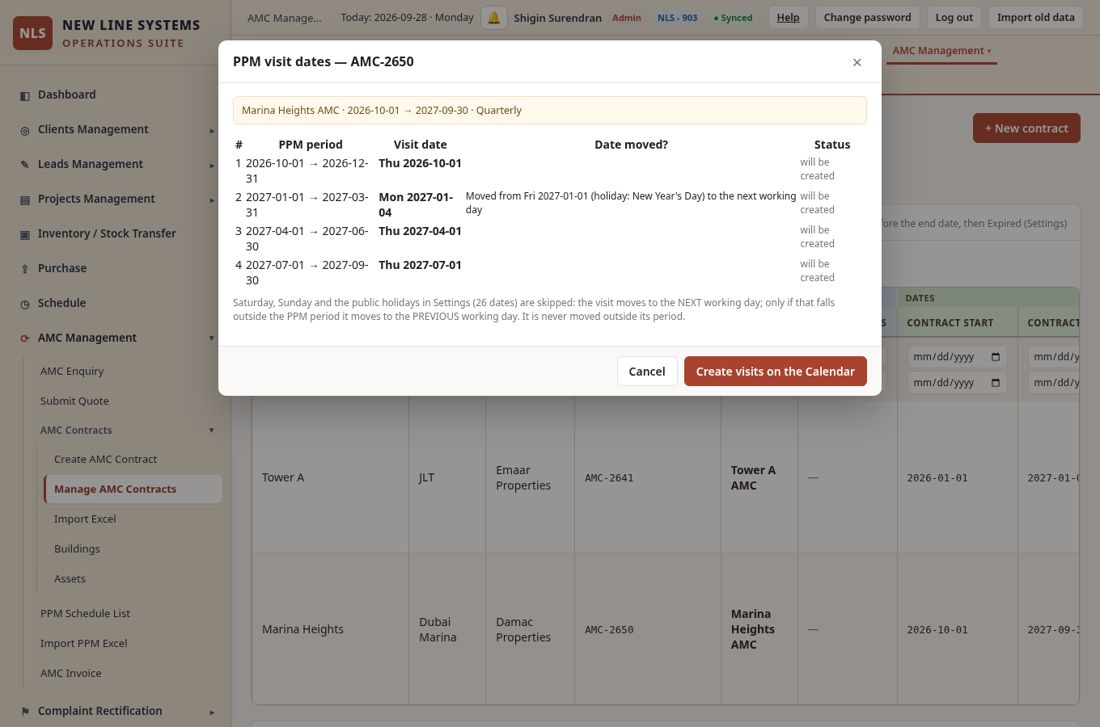 AMC Contracts > PPM dates: every PPM period with the visit date and which dates were moved.